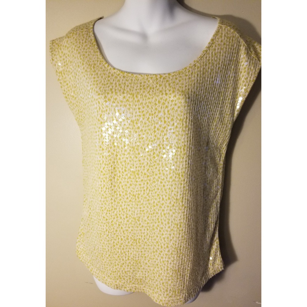 Ann Taylor Loft Size XS Cap Sleeve Yellow Sequin Front Tee Shirt 100% Cotton